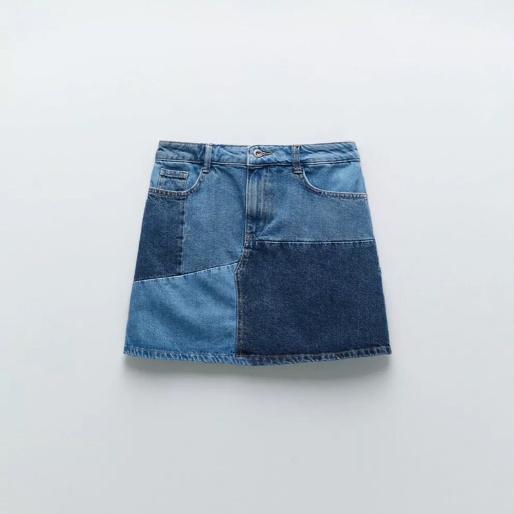 NWT Zara Z1975 DENIM PATCHWORK MINI SKIRT Size S